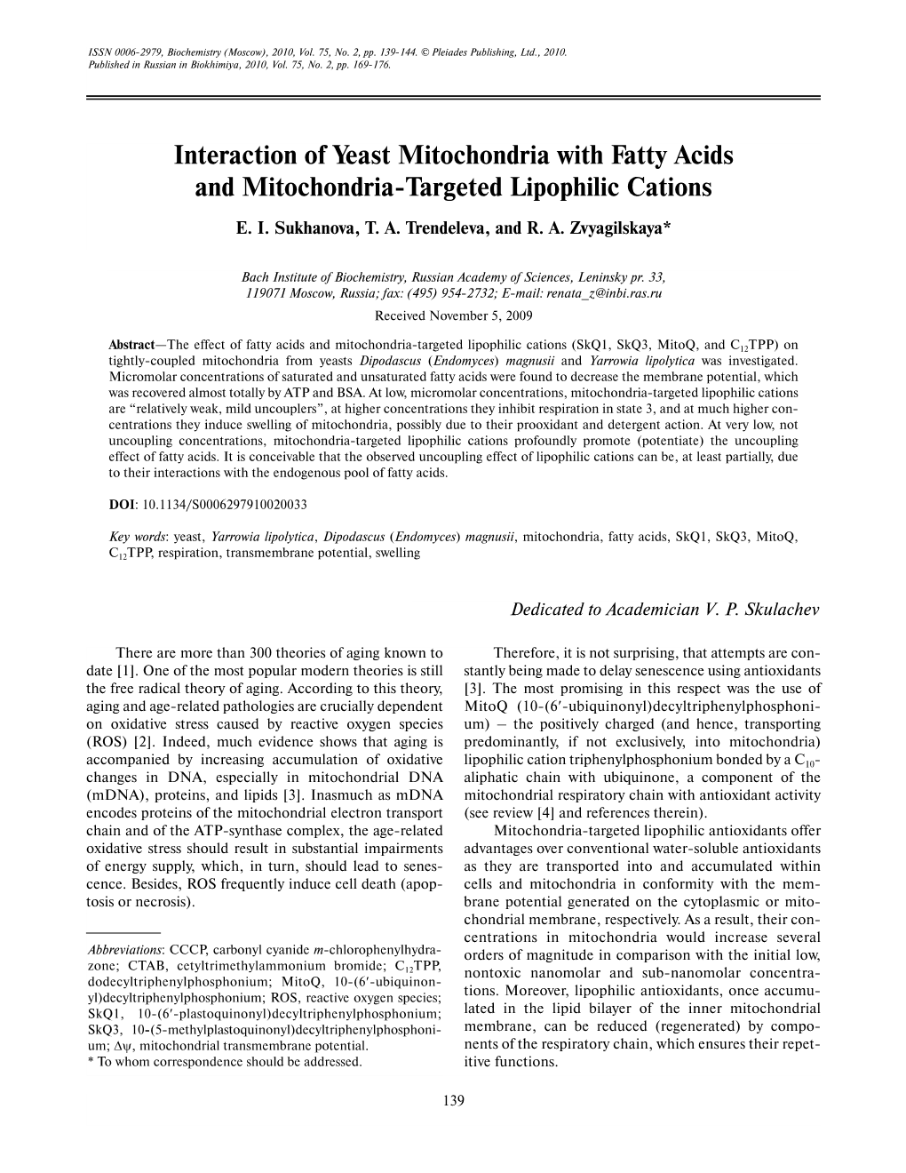 Interaction of Yeast Mitochondria with Fatty Acids and Mitochondria-Targeted Lipophilic Cations