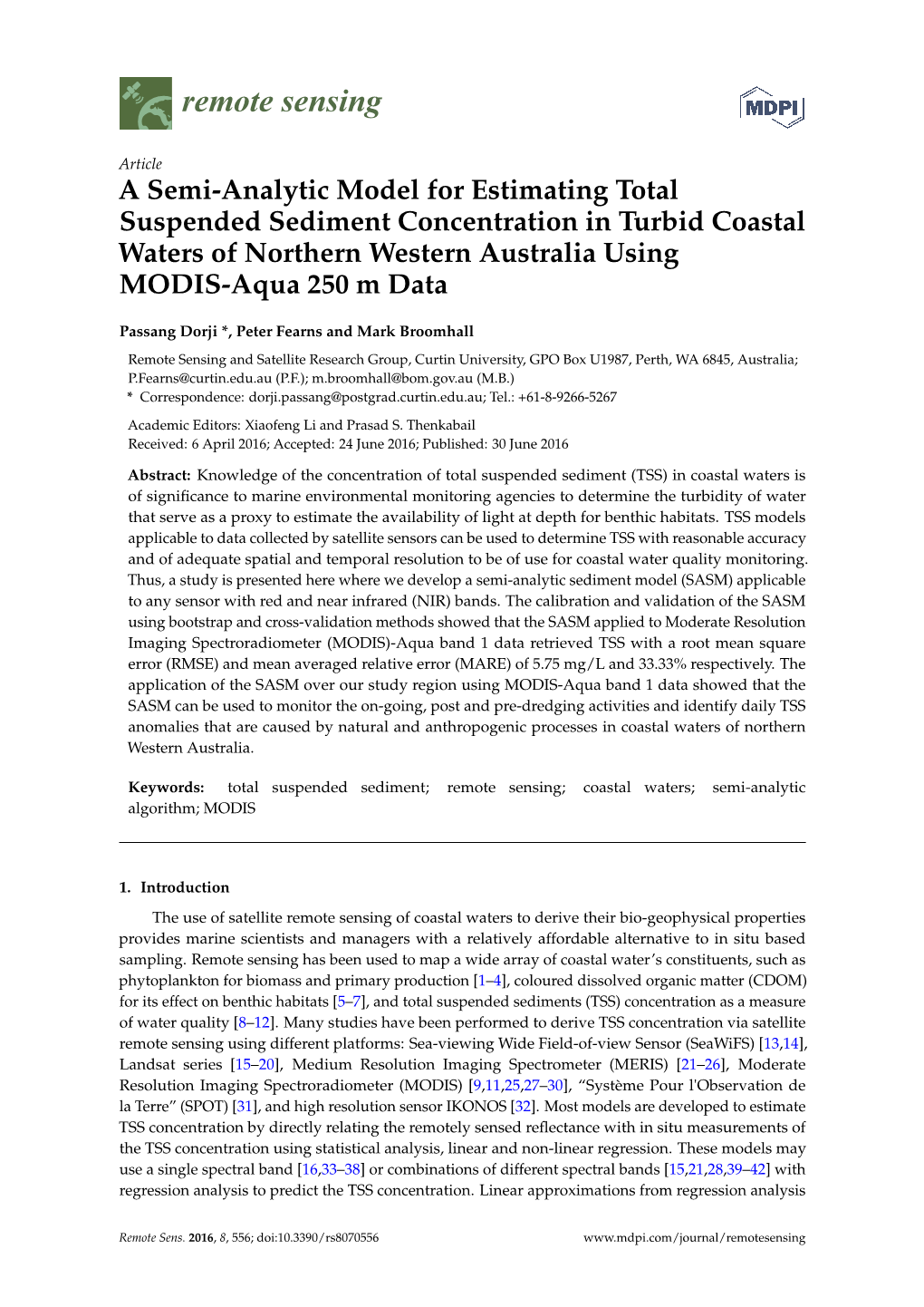 A Semi-Analytic Model for Estimating Total Suspended Sediment Concentration in Turbid Coastal Waters of Northern Western Australia Using MODIS-Aqua 250 M Data