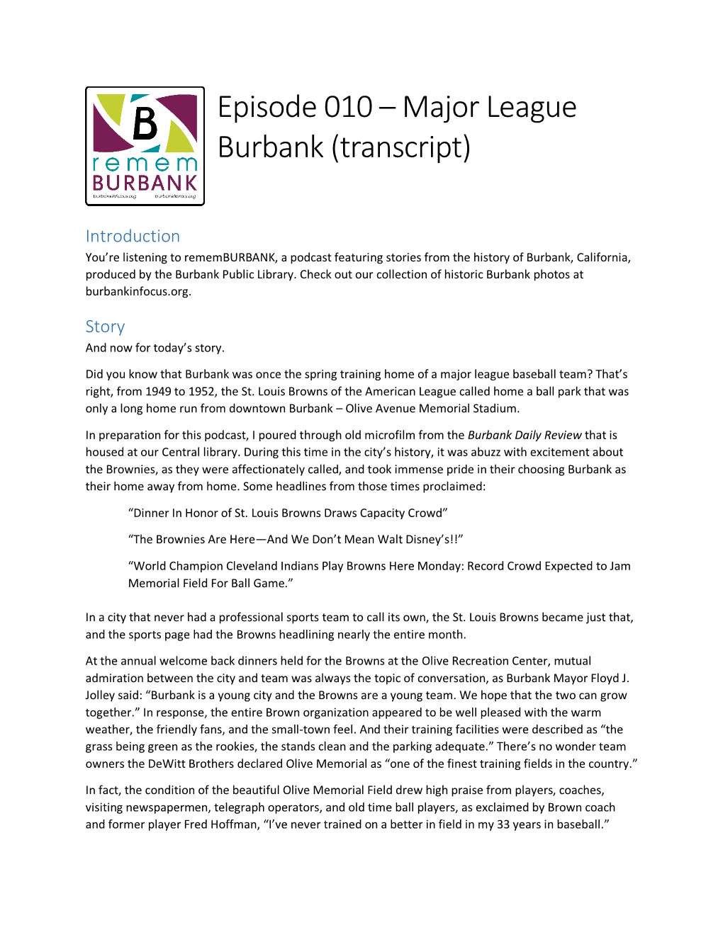Major League Burbank (Transcript)