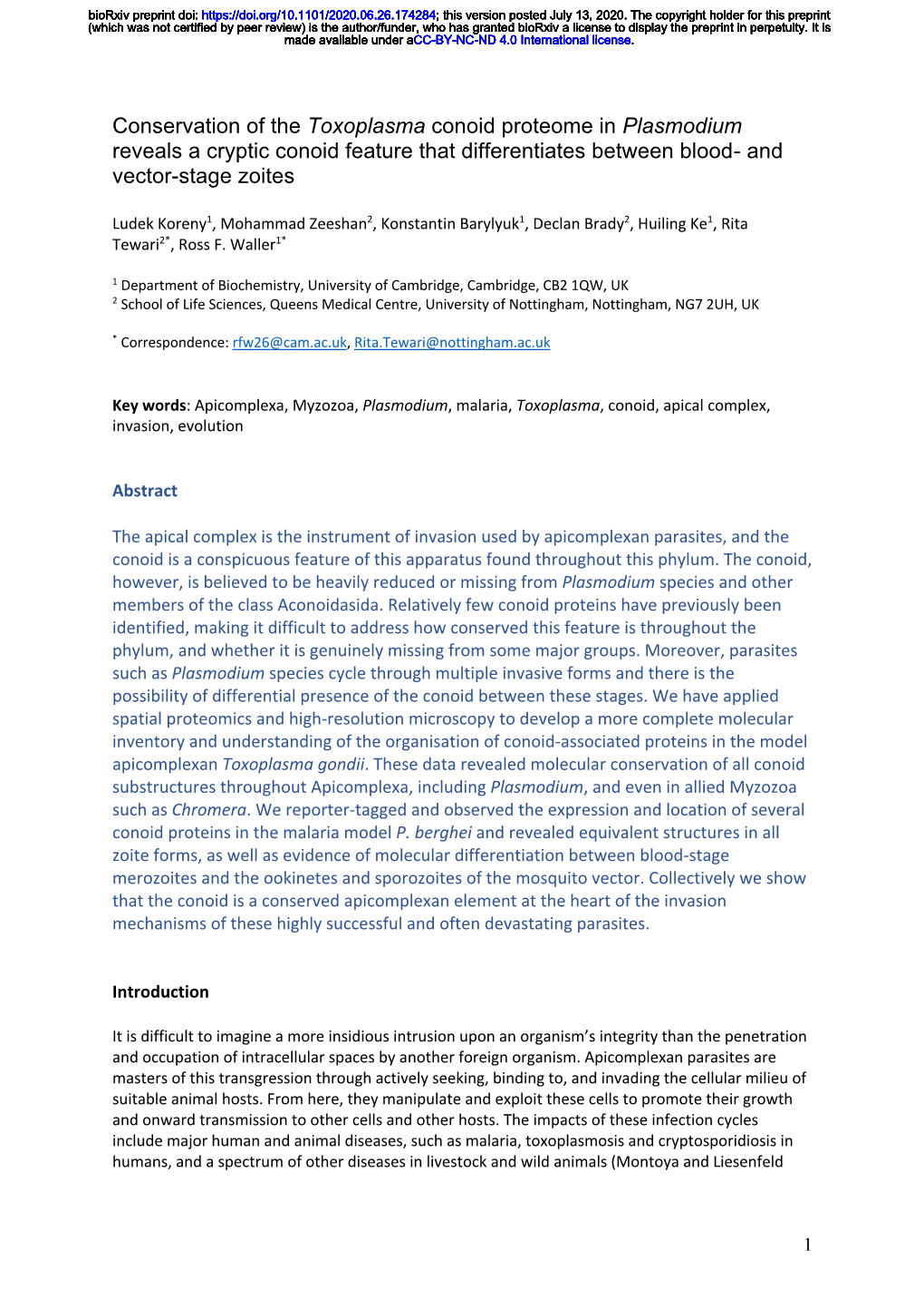 Conservation of the Toxoplasma Conoid Proteome in Plasmodium Reveals a Cryptic Conoid Feature That Differentiates Between Blood- and Vector-Stage Zoites