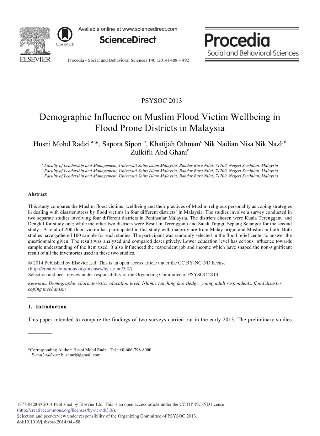 Demographic Influence on Muslim Flood Victim Wellbeing in Flood Prone Districts in Malaysia