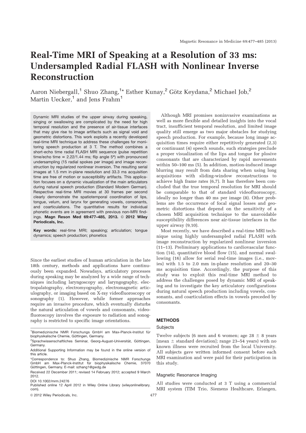 Real-Time MRI of Speaking at a Resolution of 33 Ms: Undersampled Radial FLASH with Nonlinear Inverse Reconstruction