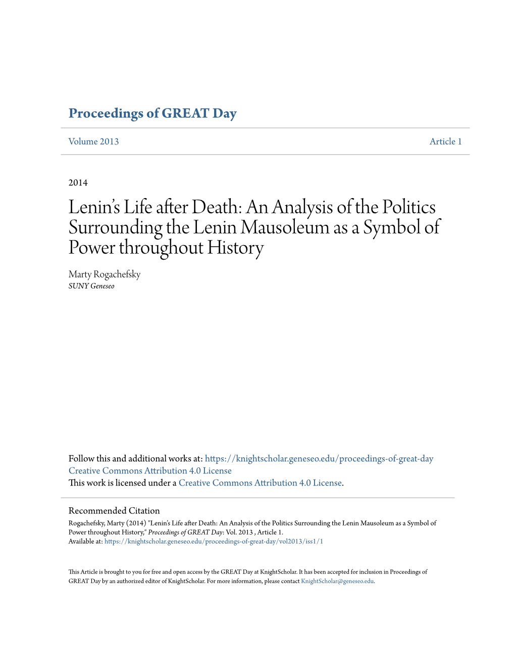 An Analysis of the Politics Surrounding the Lenin Mausoleum As a Symbol of Power Throughout History Marty Rogachefsky SUNY Geneseo