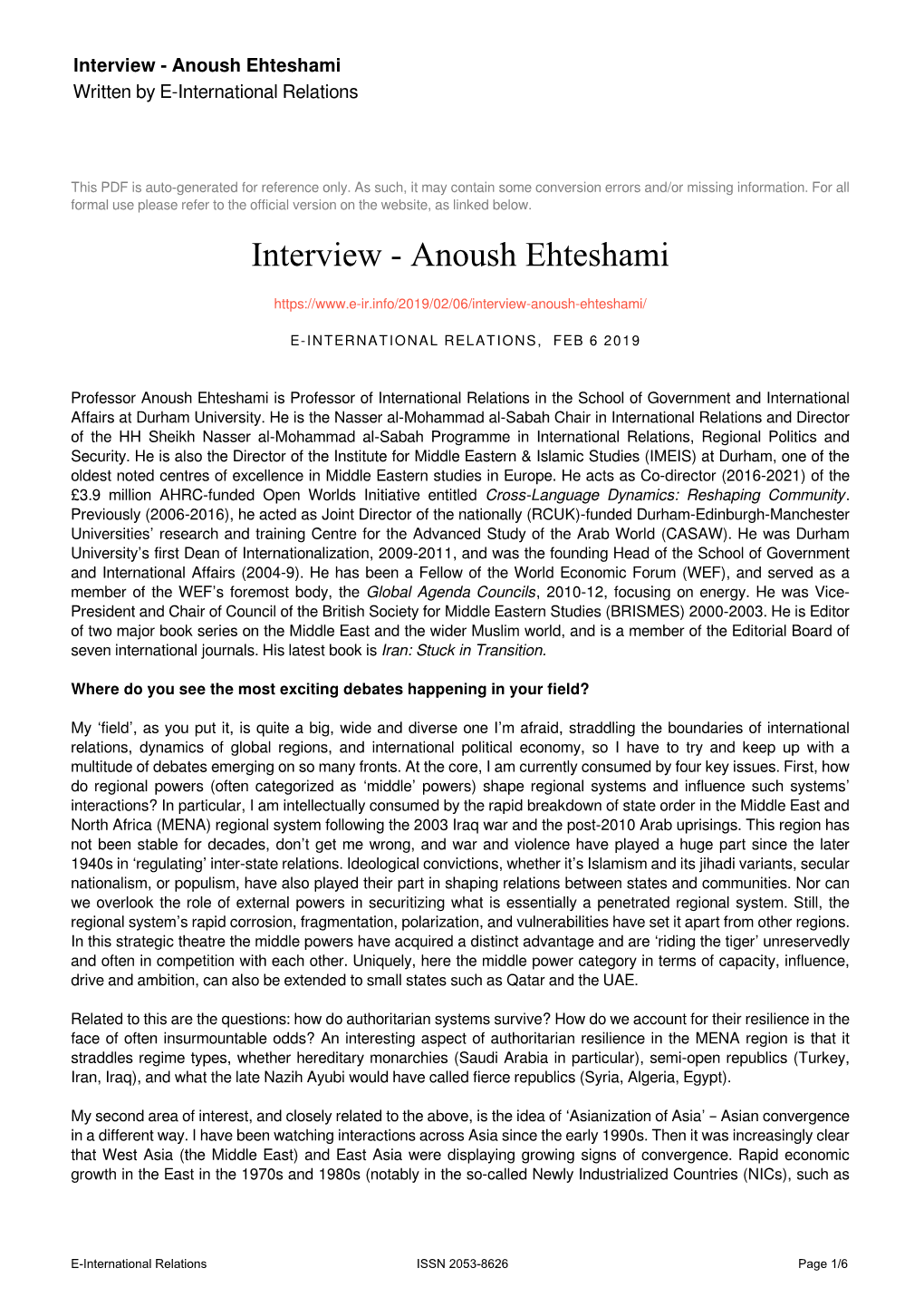 Anoush Ehteshami Written by E-International Relations