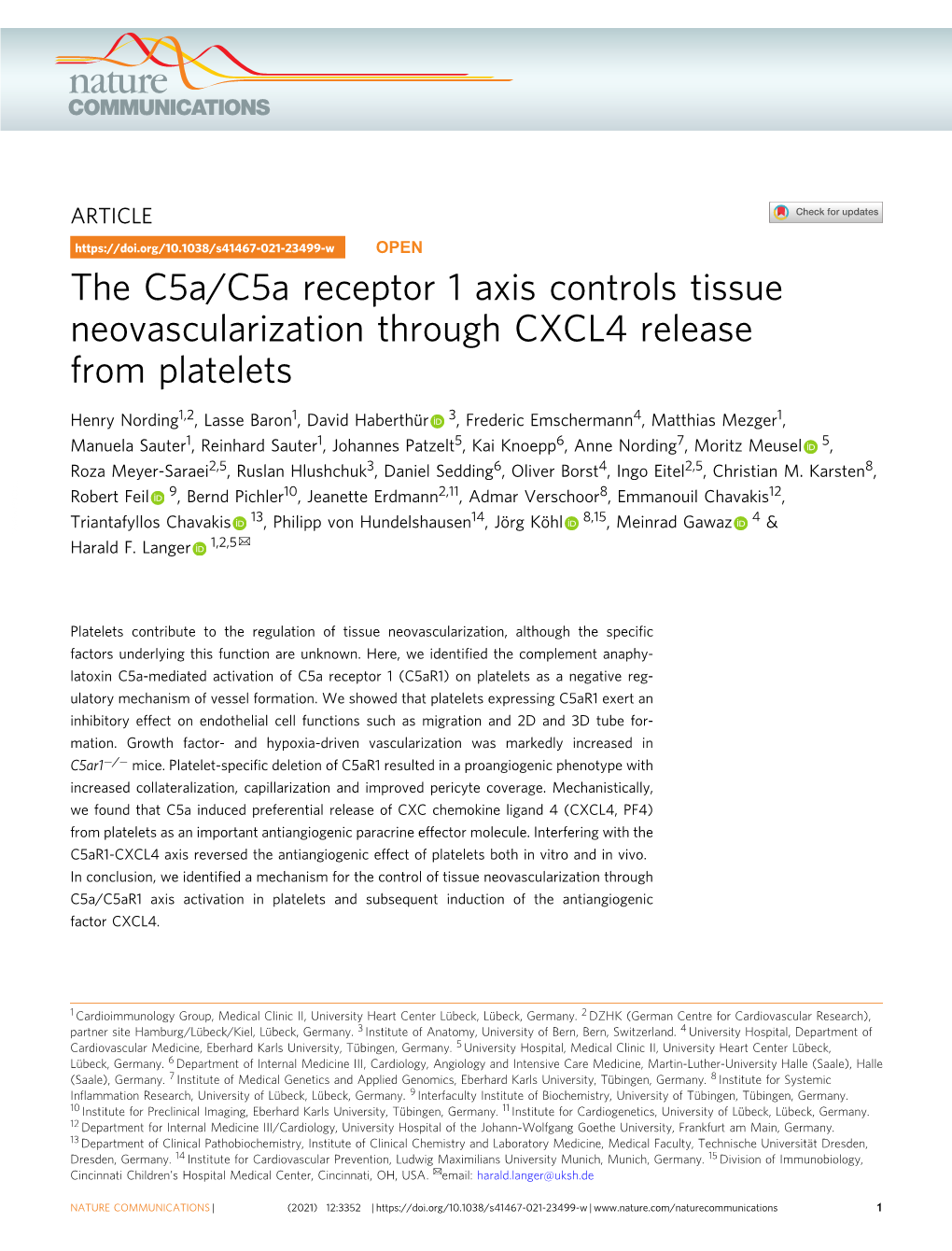 The C5a/C5a Receptor 1 Axis Controls Tissue Neovascularization Through CXCL4 Release from Platelets