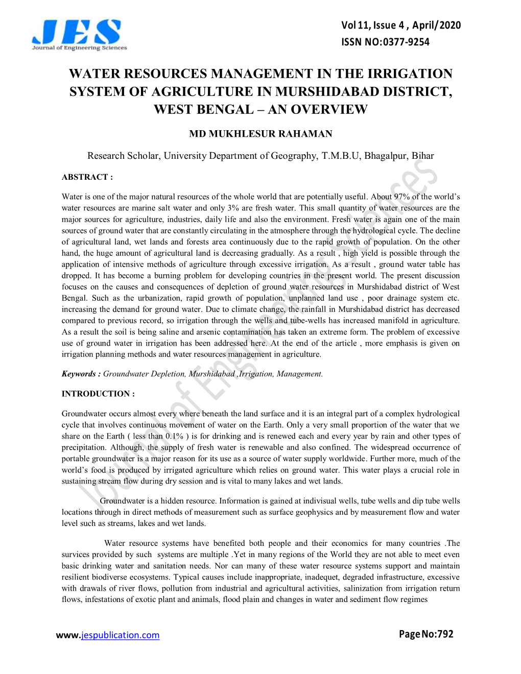 Water Resources Management in the Irrigation System of Agriculture in Murshidabad District, West Bengal – an Overview