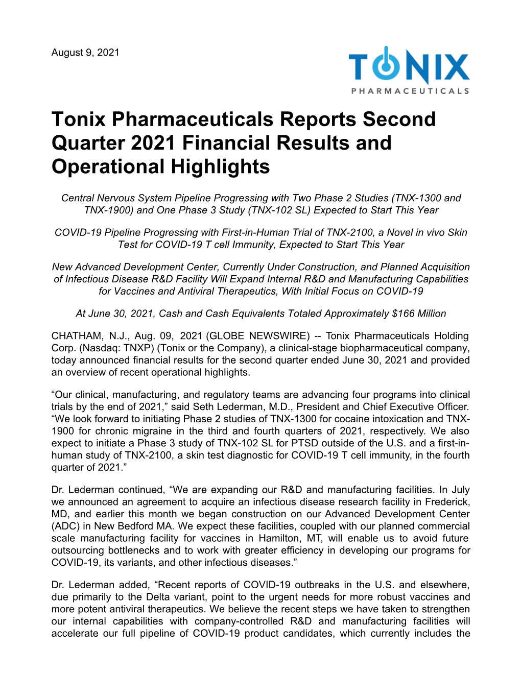 Tonix Pharmaceuticals Reports Second Quarter 2021 Financial Results and Operational Highlights