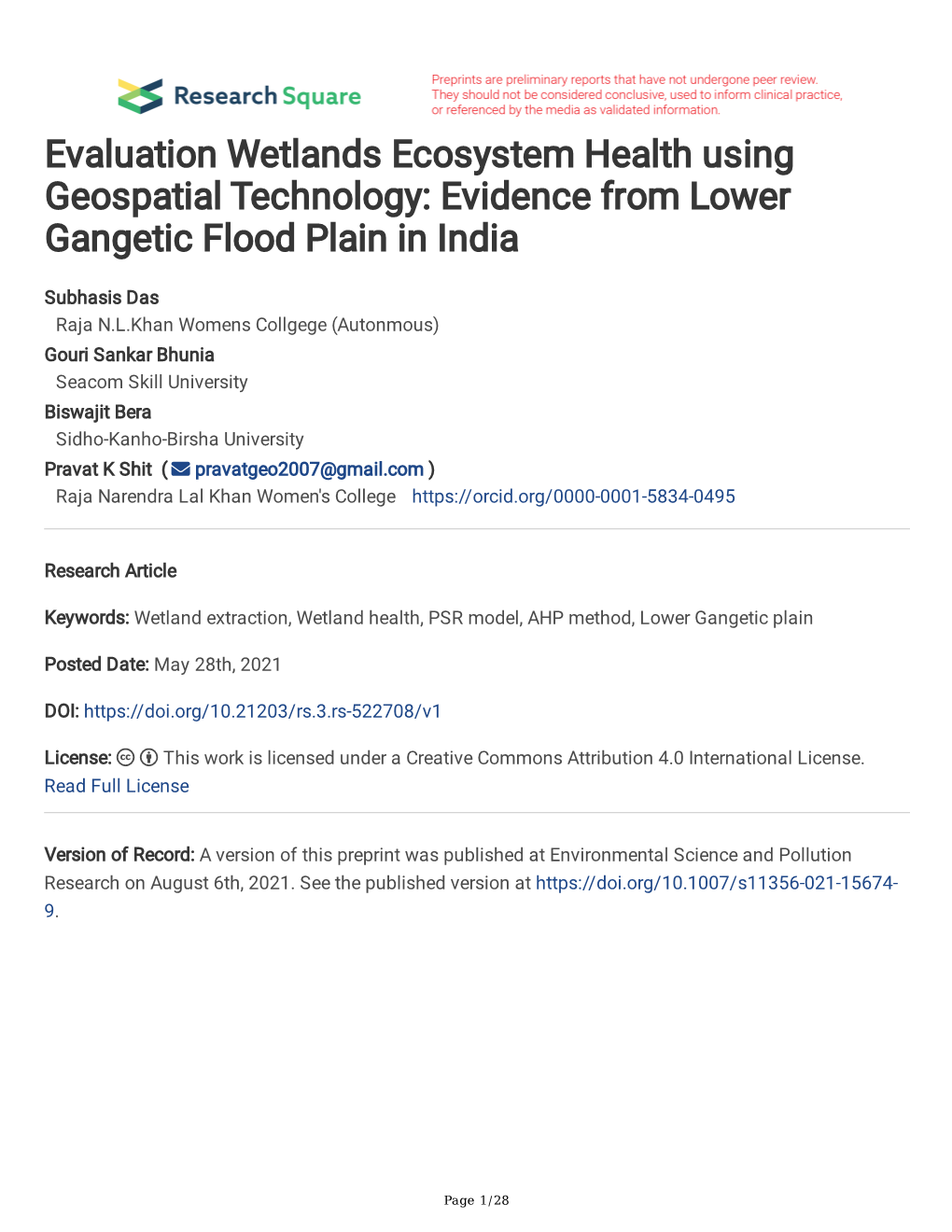 Evaluation Wetlands Ecosystem Health Using Geospatial Technology: Evidence from Lower Gangetic Flood Plain in India