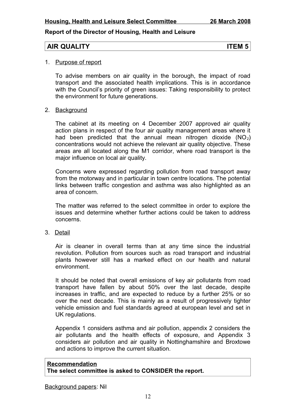 Report of the Director of Housing, Health and Leisure