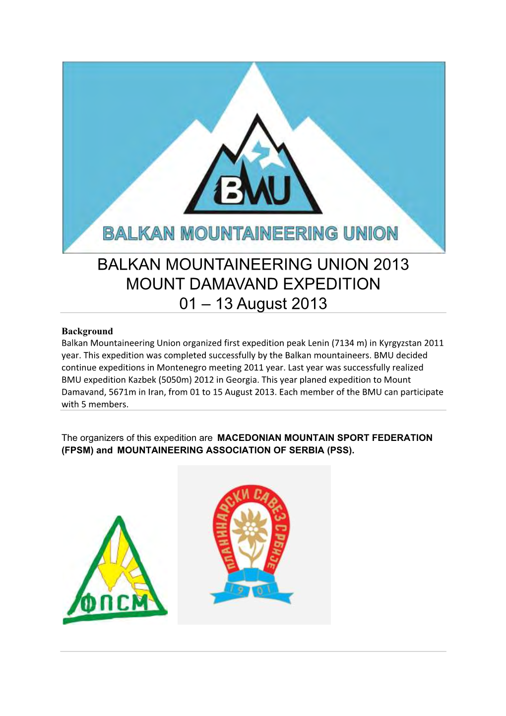 BALKAN MOUNTAINEERING UNION 2013 MOUNT DAMAVAND EXPEDITION 01 – 13 August 2013