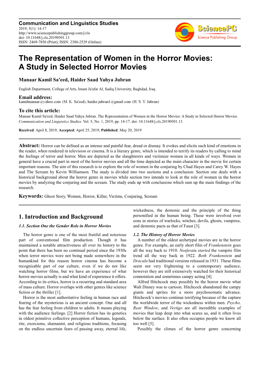 The Representation of Women in the Horror Movies: a Study in Selected Horror Movies