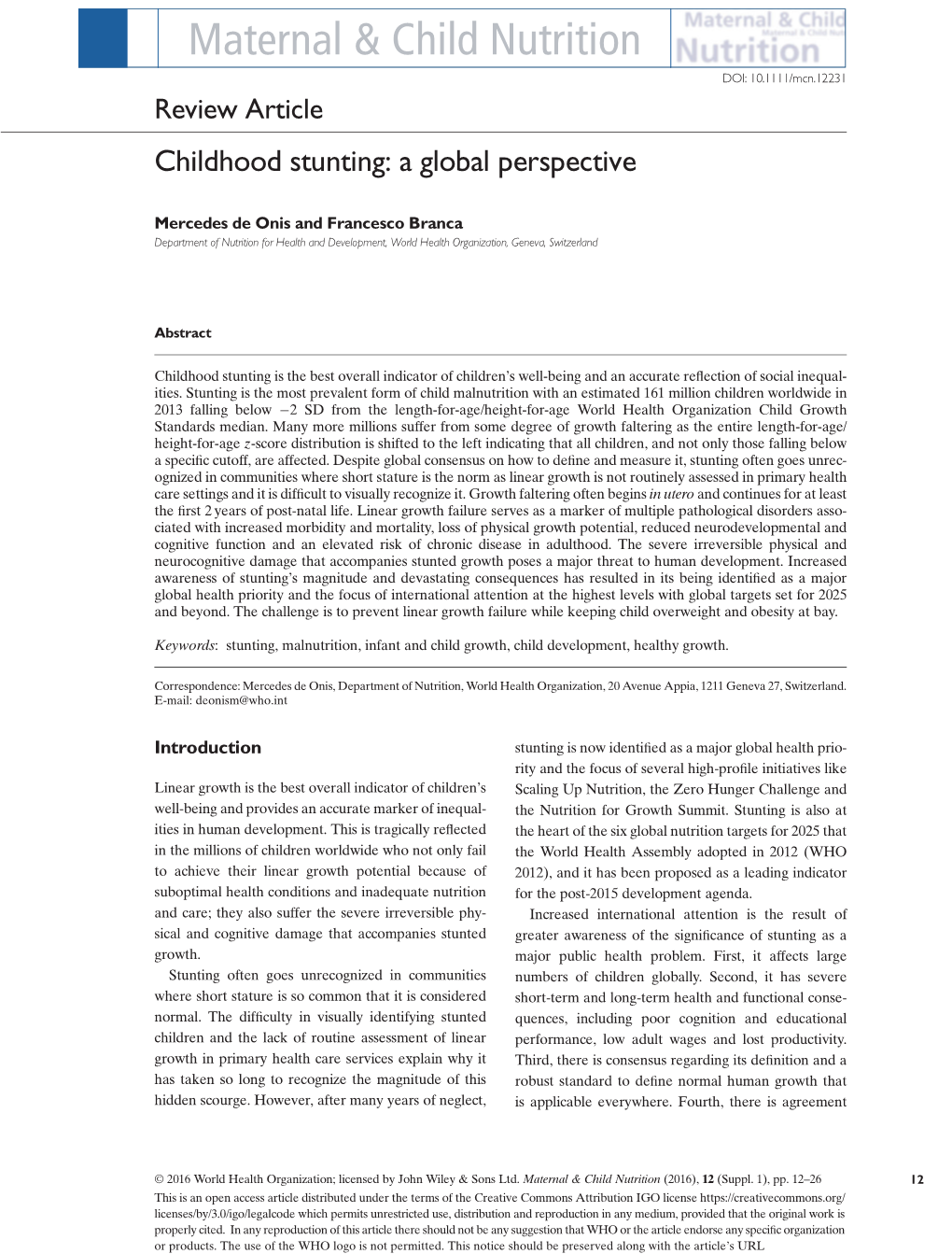 Review Article Childhood Stunting: a Global Perspective