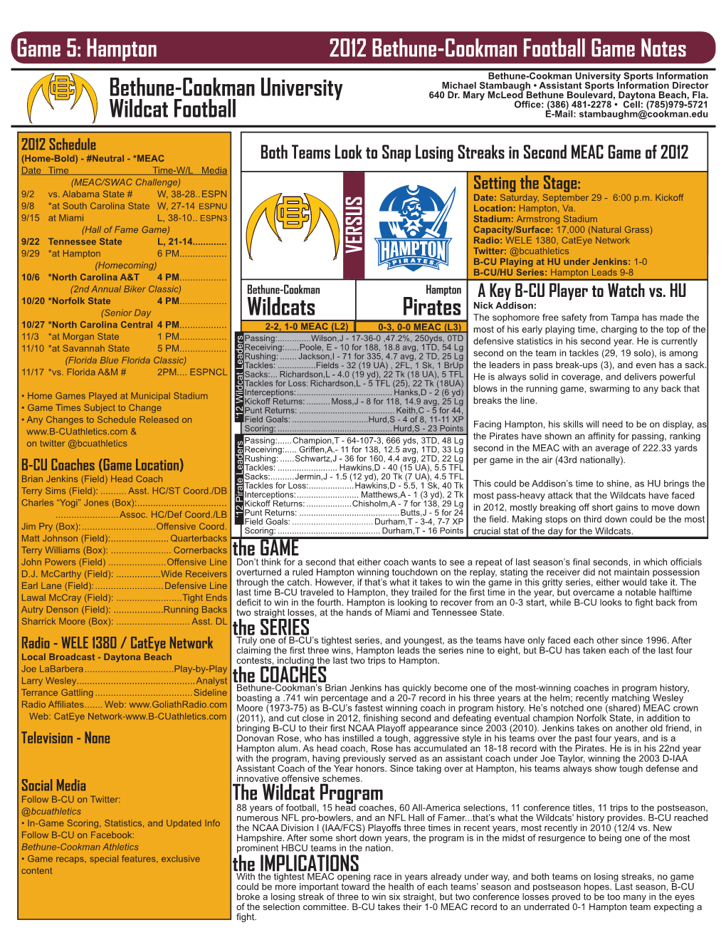 Hampton 2012 Bethune-Cookman Football Game Notes