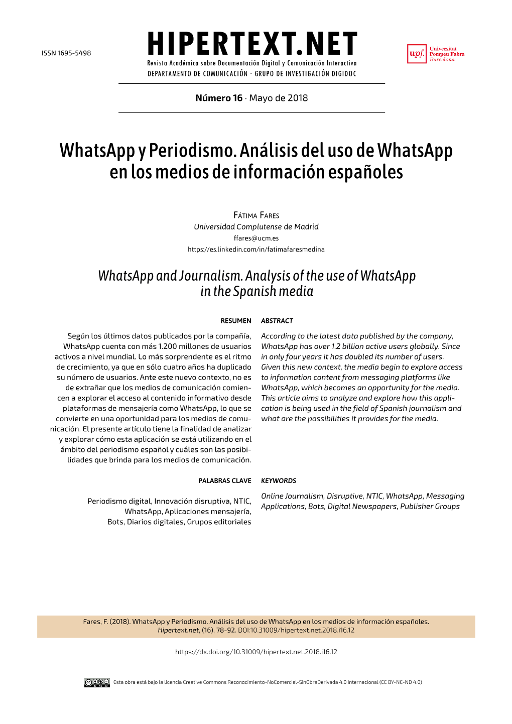 Whatsapp Y Periodismo. Análisis Del Uso De Whatsapp En Los Medios De Información Españoles