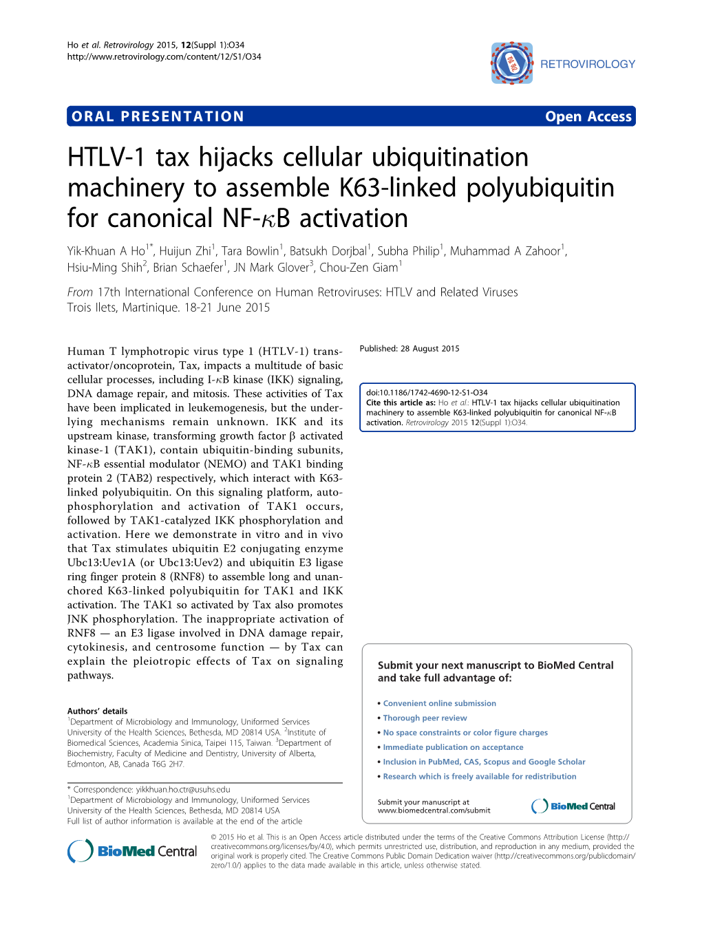 HTLV-1 Tax Hijacks Cellular Ubiquitination Machinery to Assemble K63-Linked Polyubiquitin for Canonical NF- B Activation