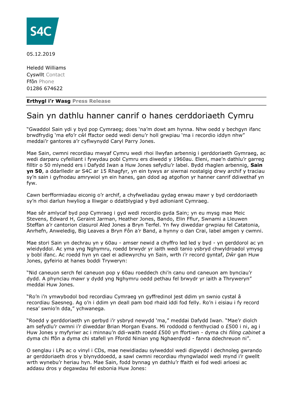 Sain Yn Dathlu Hanner Canrif O Hanes Cerddoriaeth Cymru