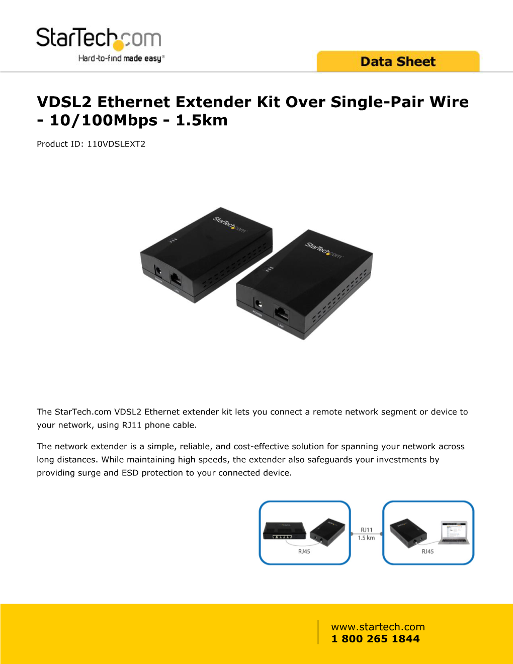 VDSL2 Ethernet Extender Kit Over Single-Pair Wire - 10/100Mbps - 1.5Km