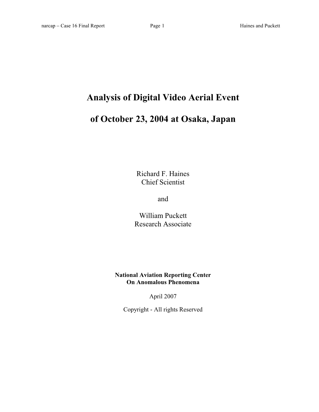 Analysis of Digital Video Aerial Event of October 23, 2004 at Osaka, Japan