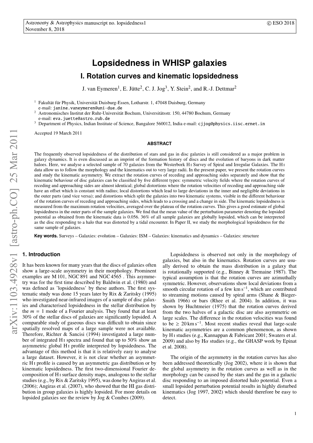 Lopsidedness in WHISP Galaxies: I. Rotation Curves and Kinematic Lopsidedness