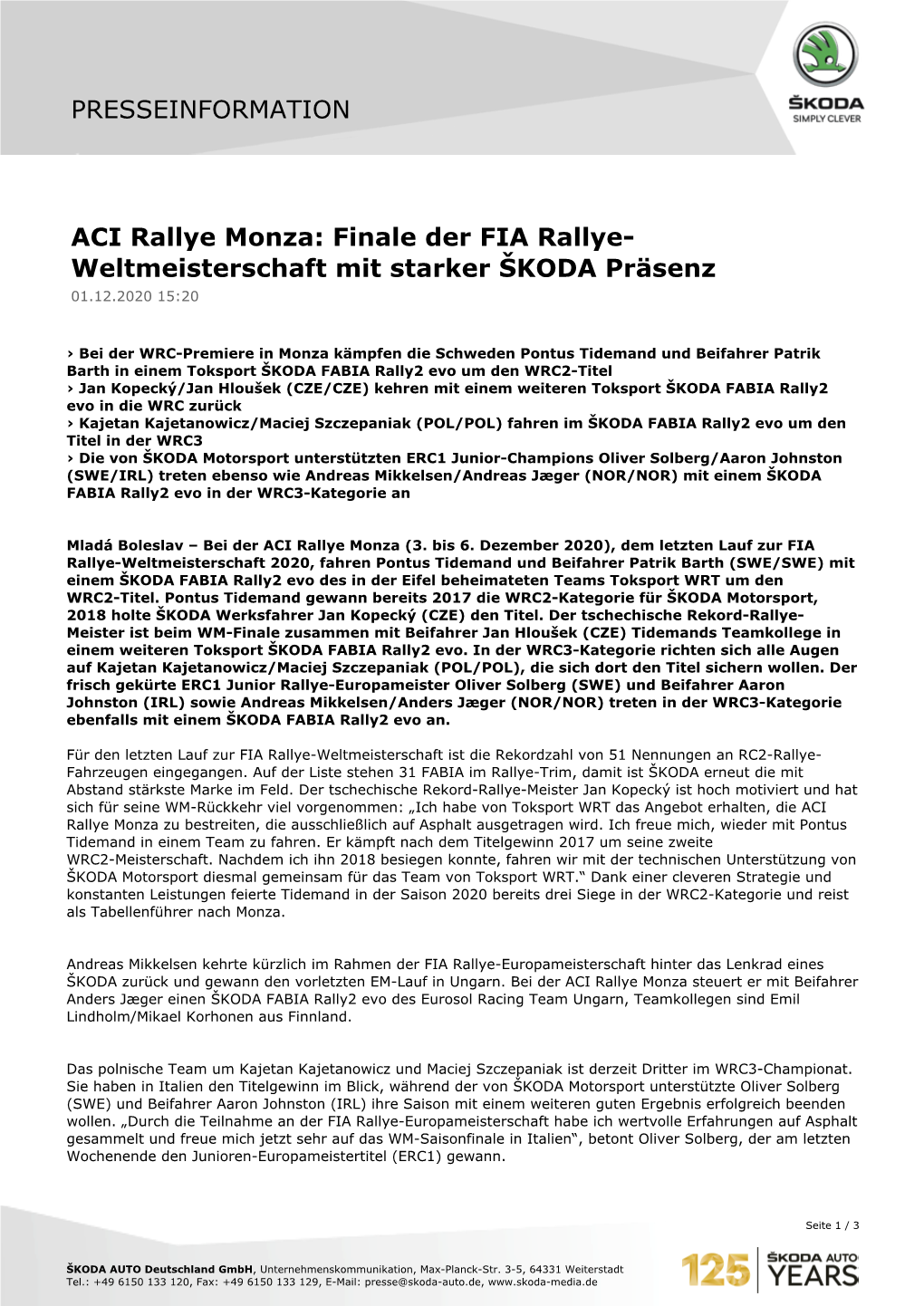 ACI Rallye Monza: Finale Der FIA Rallye- Weltmeisterschaft Mit Starker ŠKODA Präsenz 01.12.2020 15:20