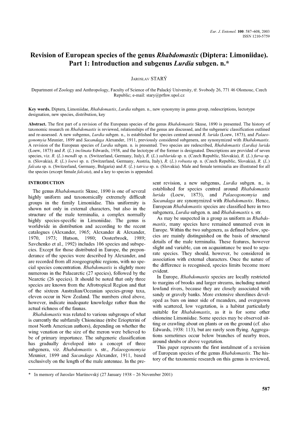 (Diptera: Limoniidae). Part 1: Introduction and Subgenuslurdia Subgen