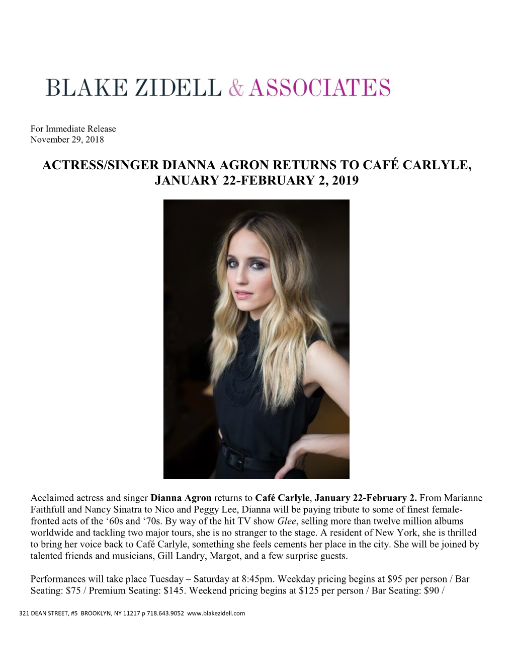 Actress/Singer Dianna Agron Returns to Café Carlyle, January 22-February 2, 2019