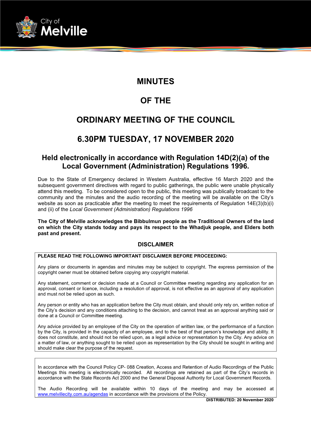 Minutes of the Ordinary Meeting of the Council 6.30Pm Tuesday, 17 November 2020