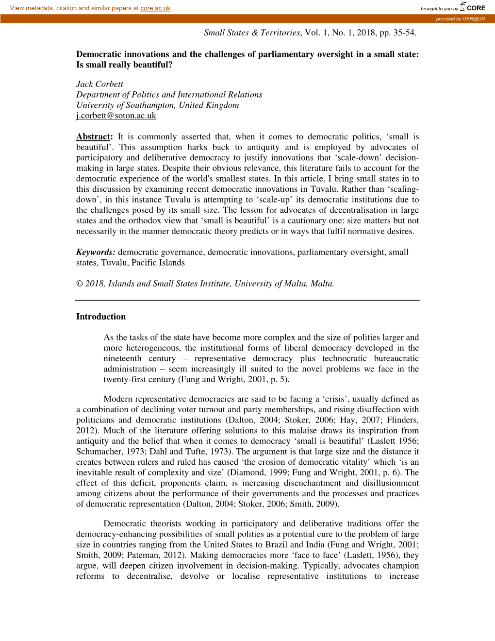 Democratic Innovations and the Challenges of Parliamentary Oversight in a Small State: Is Small Really Beautiful?