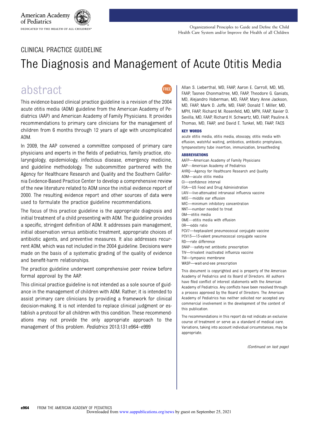 The Diagnosis and Management of Acute Otitis Media Abstract