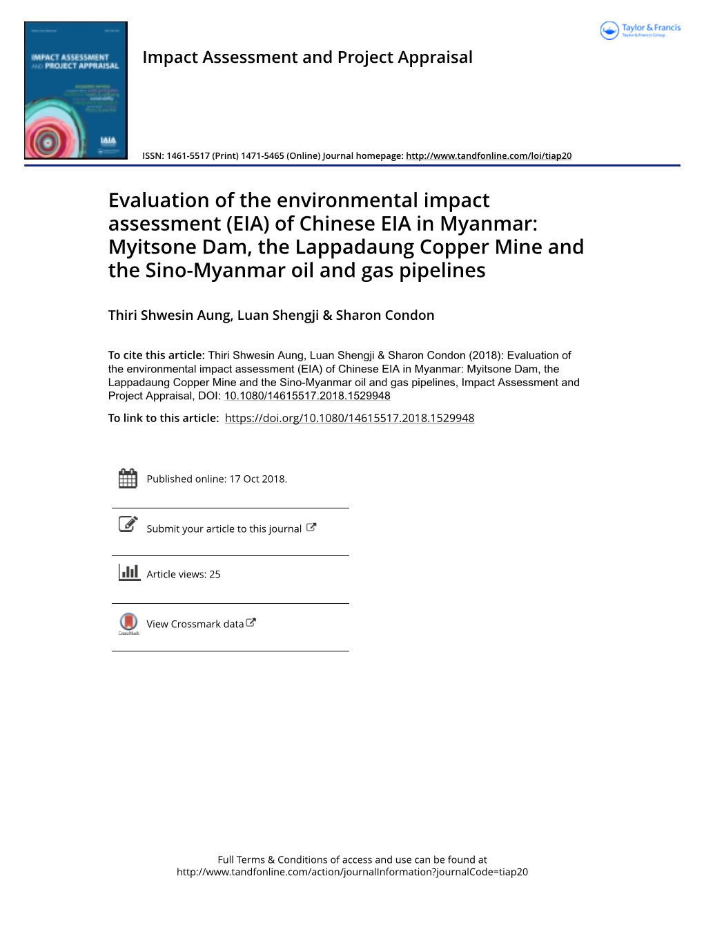 Evaluation of the Environmental Impact Assessment (EIA) of Chinese EIA in Myanmar: Myitsone Dam, the Lappadaung Copper Mine and the Sino-Myanmar Oil and Gas Pipelines