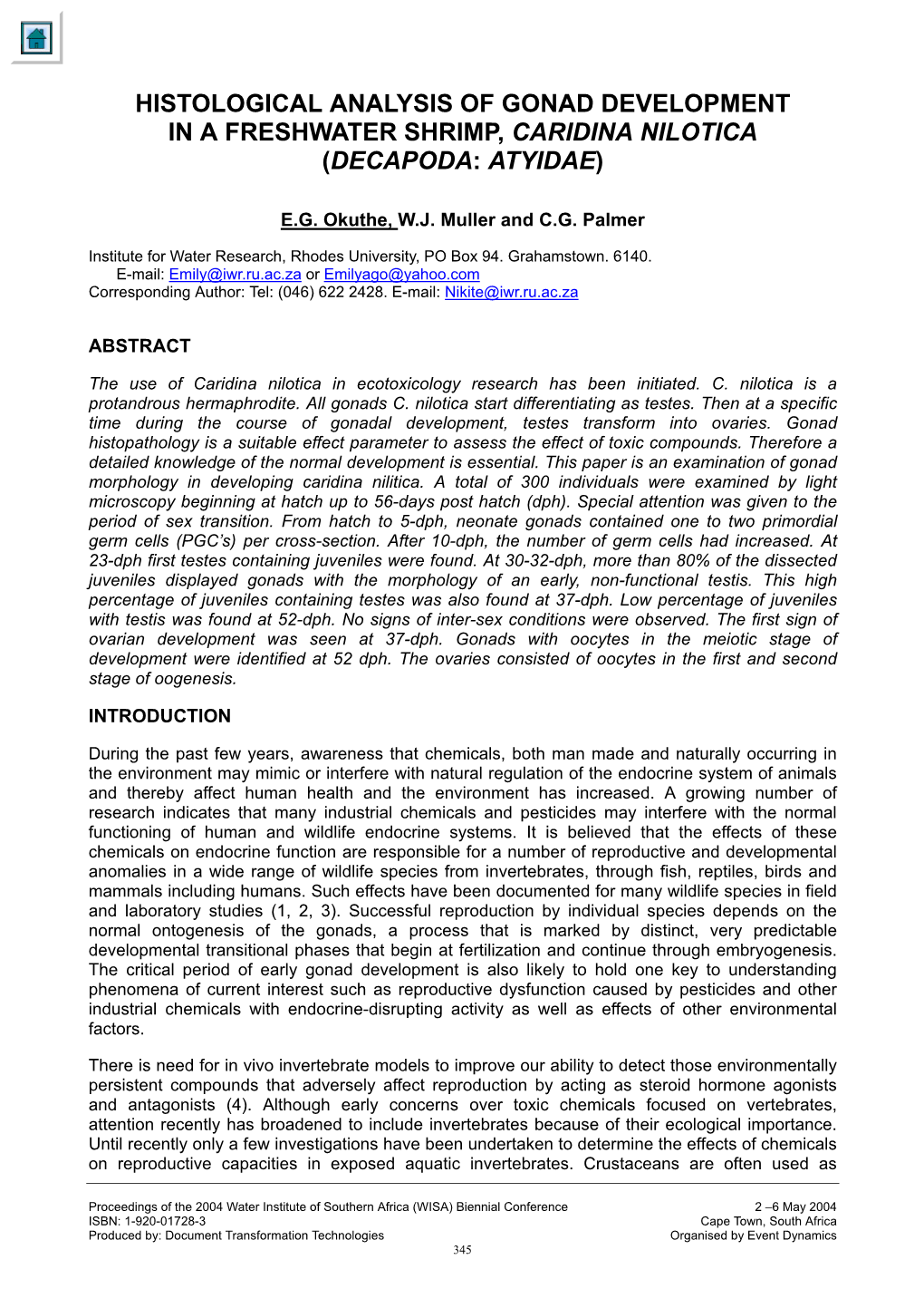 Histological Analysis of Gonad Development in a Freshwater Shrimp, Caridina Nilotica (Decapoda: Atyidae)