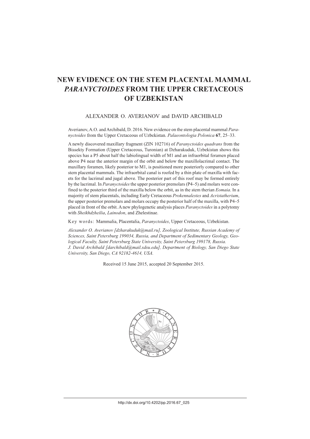 New Evidence on the Stem Placental Mammal Paranyctoides from the Upper Cretaceous of Uzbekistan