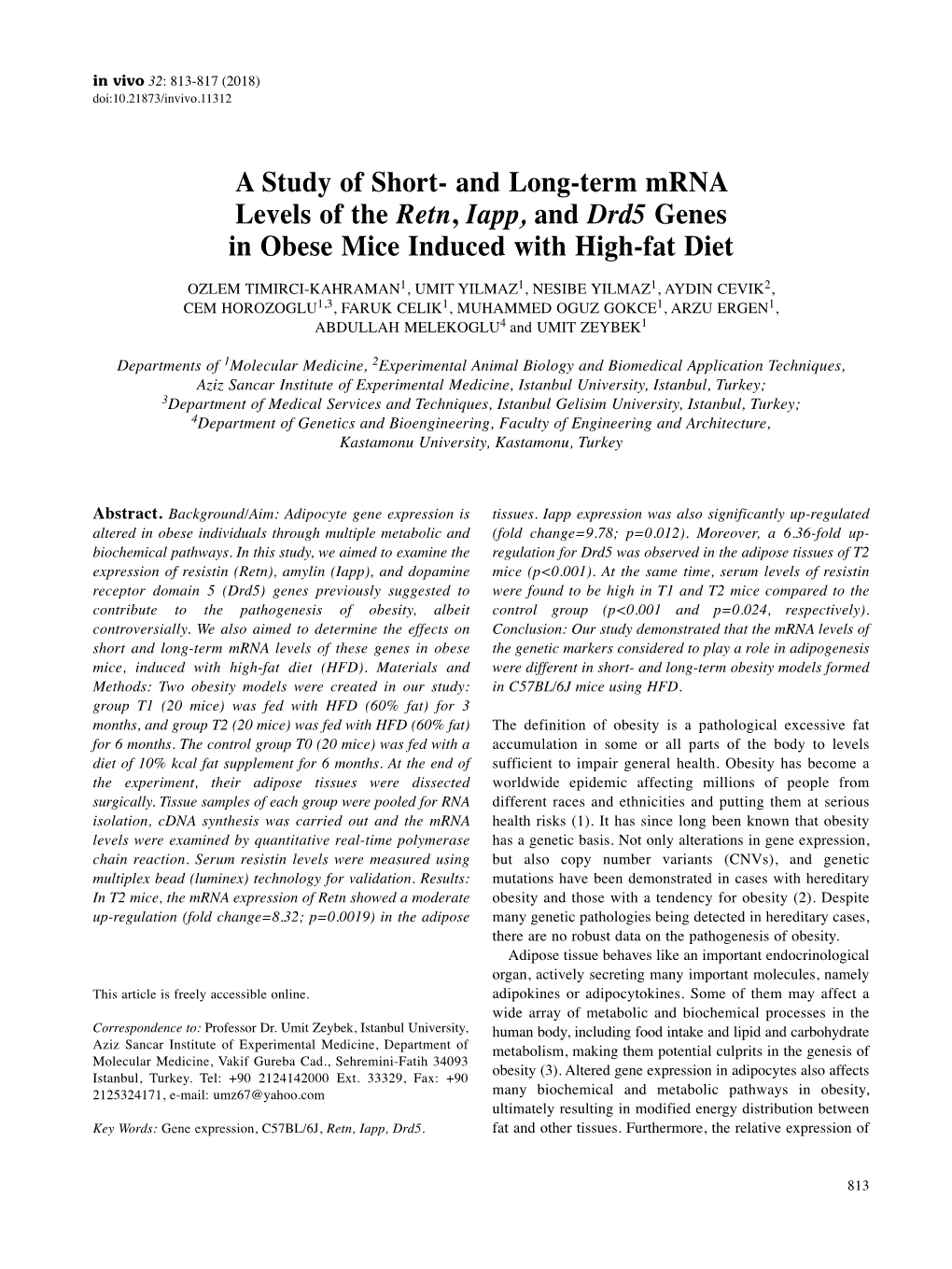 And Long-Term Mrna Levels of the Retn, Iapp, and Drd5 Genes In