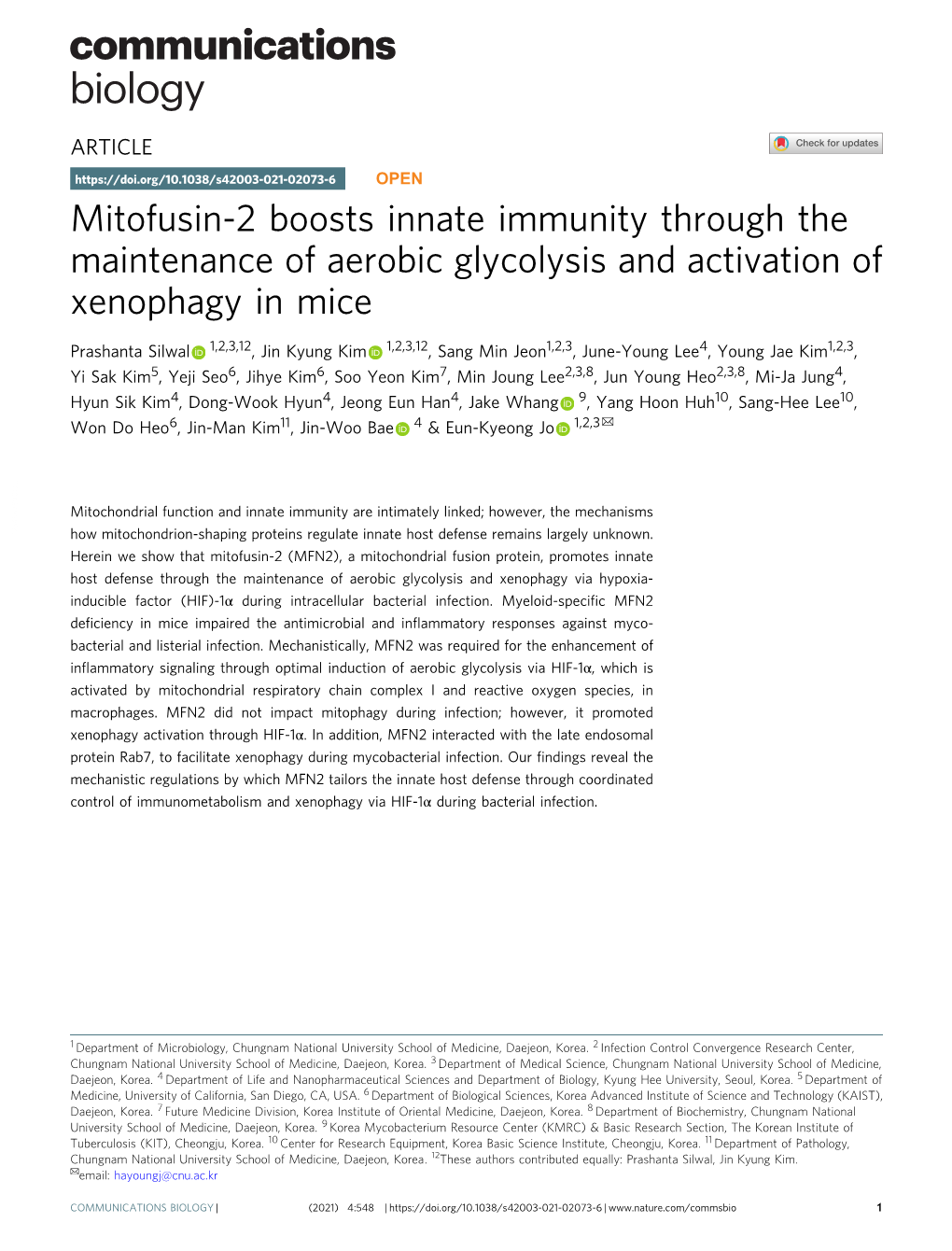 Mitofusin-2 Boosts Innate Immunity Through the Maintenance of Aerobic Glycolysis and Activation of Xenophagy in Mice