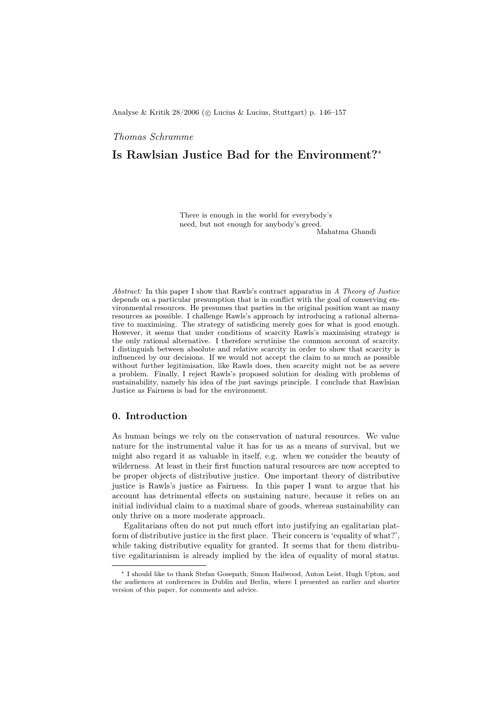 Is Rawlsian Justice Bad for the Environment?∗