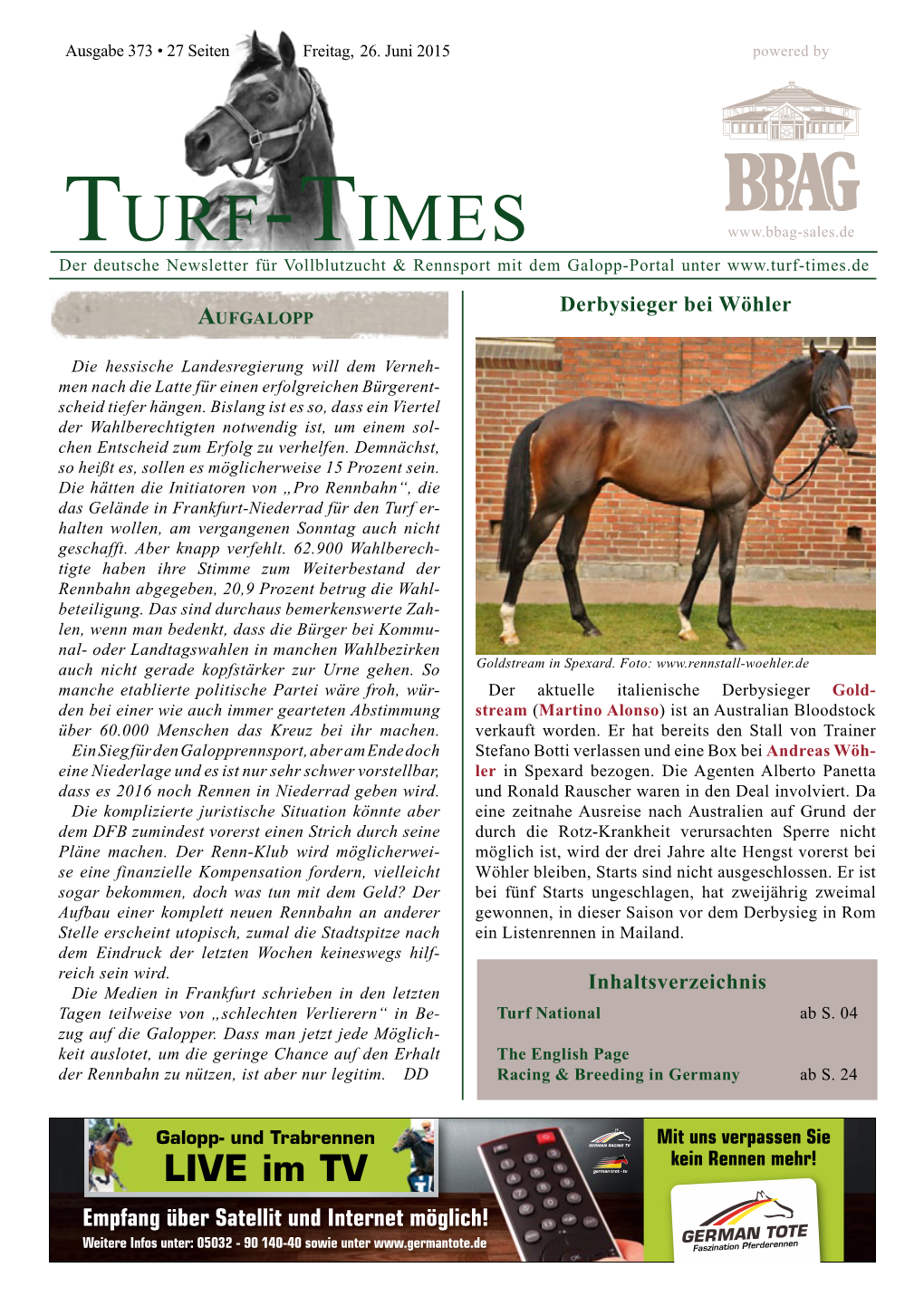 Turf-Times Der Deutsche Newsletter Für Vollblutzucht & Rennsport Mit Dem Galopp-Portal Unter Derbysieger Bei Wöhler Aufgalopp