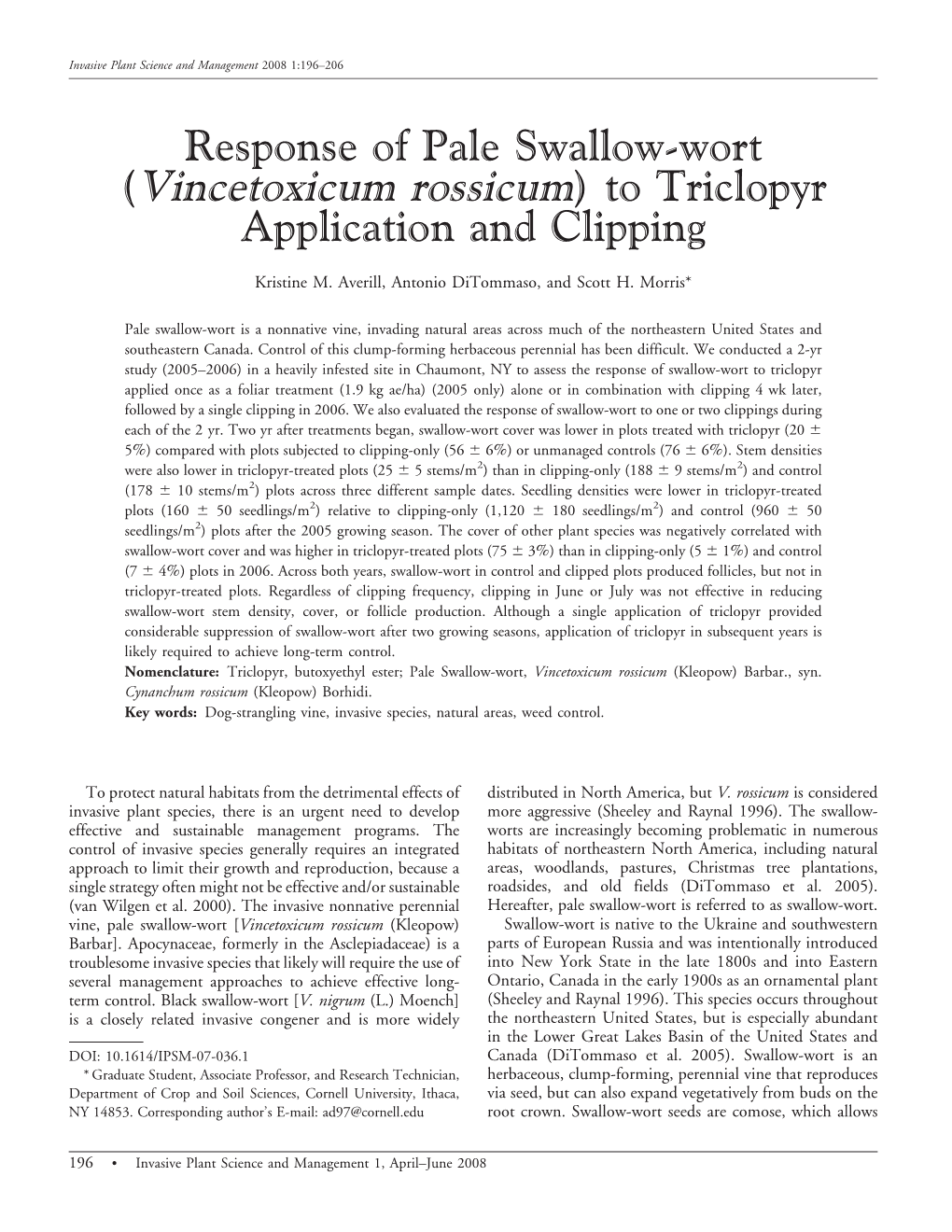 Vincetoxicum Rossicum) to Triclopyr Application and Clipping