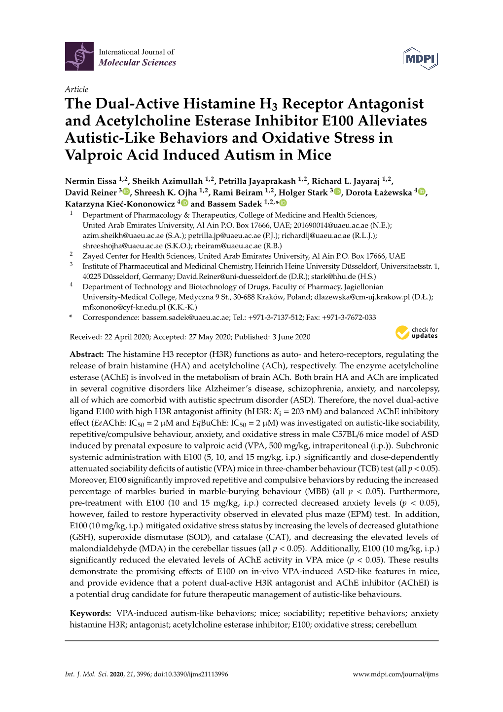 The Dual-Active Histamine H3 Receptor Antagonist and Acetylcholine Esterase Inhibitor E100 Alleviates Autistic-Like Behaviors An