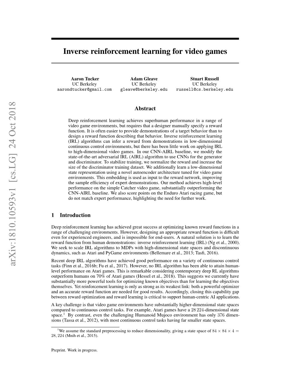 Inverse Reinforcement Learning for Video Games