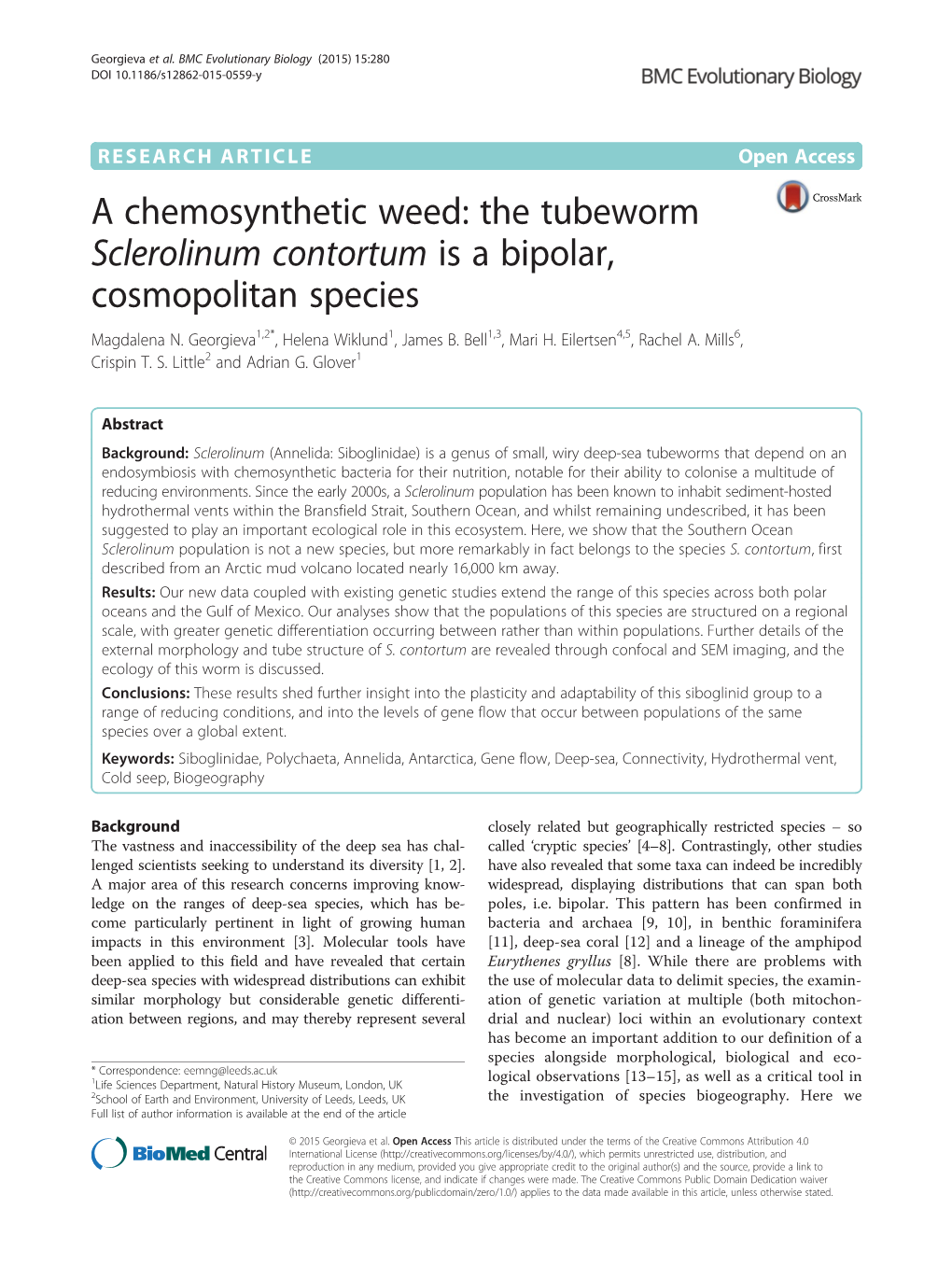 The Tubeworm Sclerolinum Contortum Is a Bipolar, Cosmopolitan Species Magdalena N