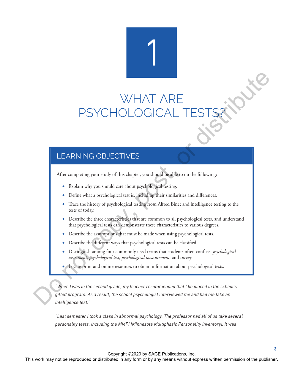 WHAT ARE PSYCHOLOGICAL TESTS? Distribute LEARNING OBJECTIVES Or After Completing Your Study of This Chapter, You Should Be Able to Do the Following
