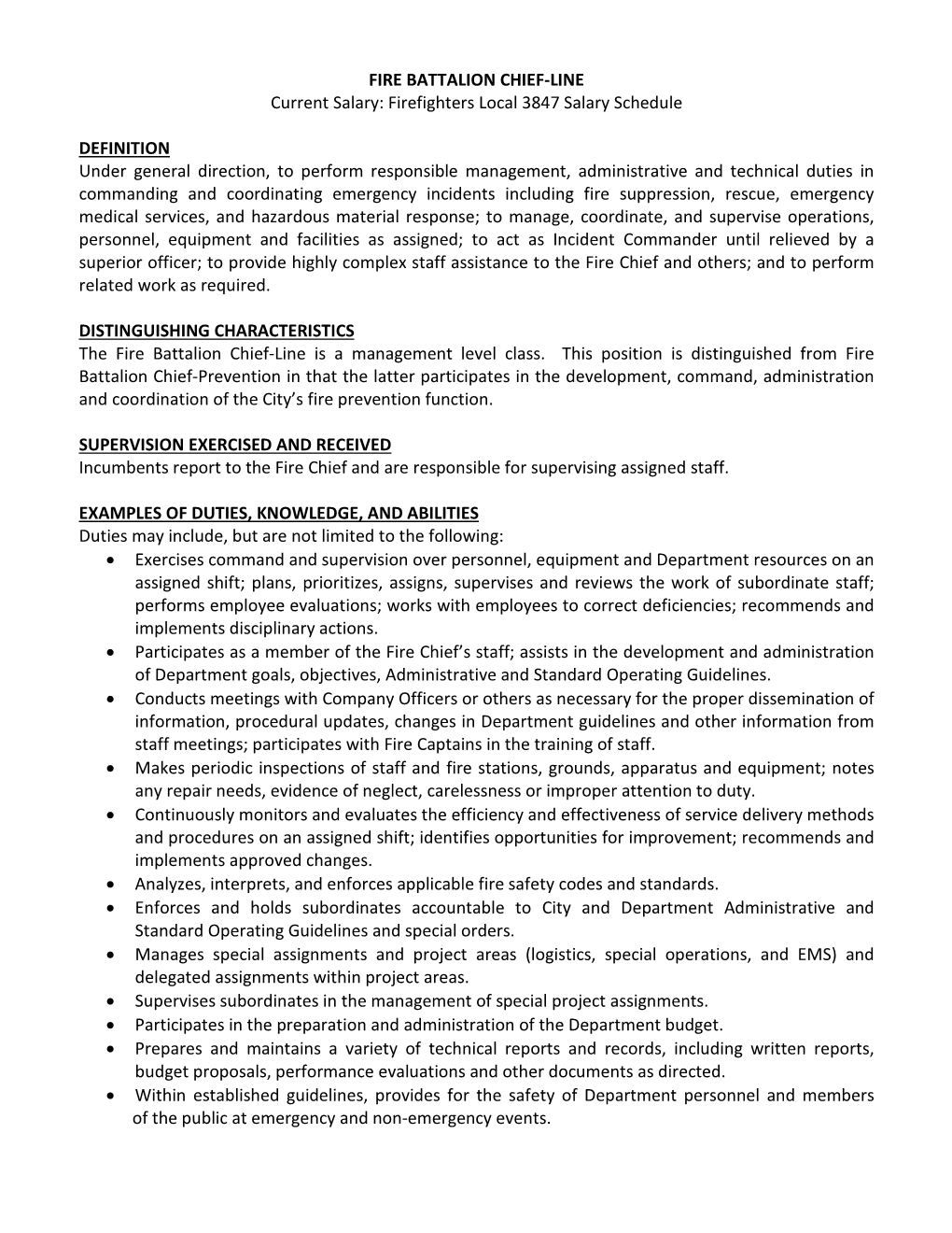FIRE BATTALION CHIEF-LINE Current Salary: Firefighters Local 3847 Salary Schedule