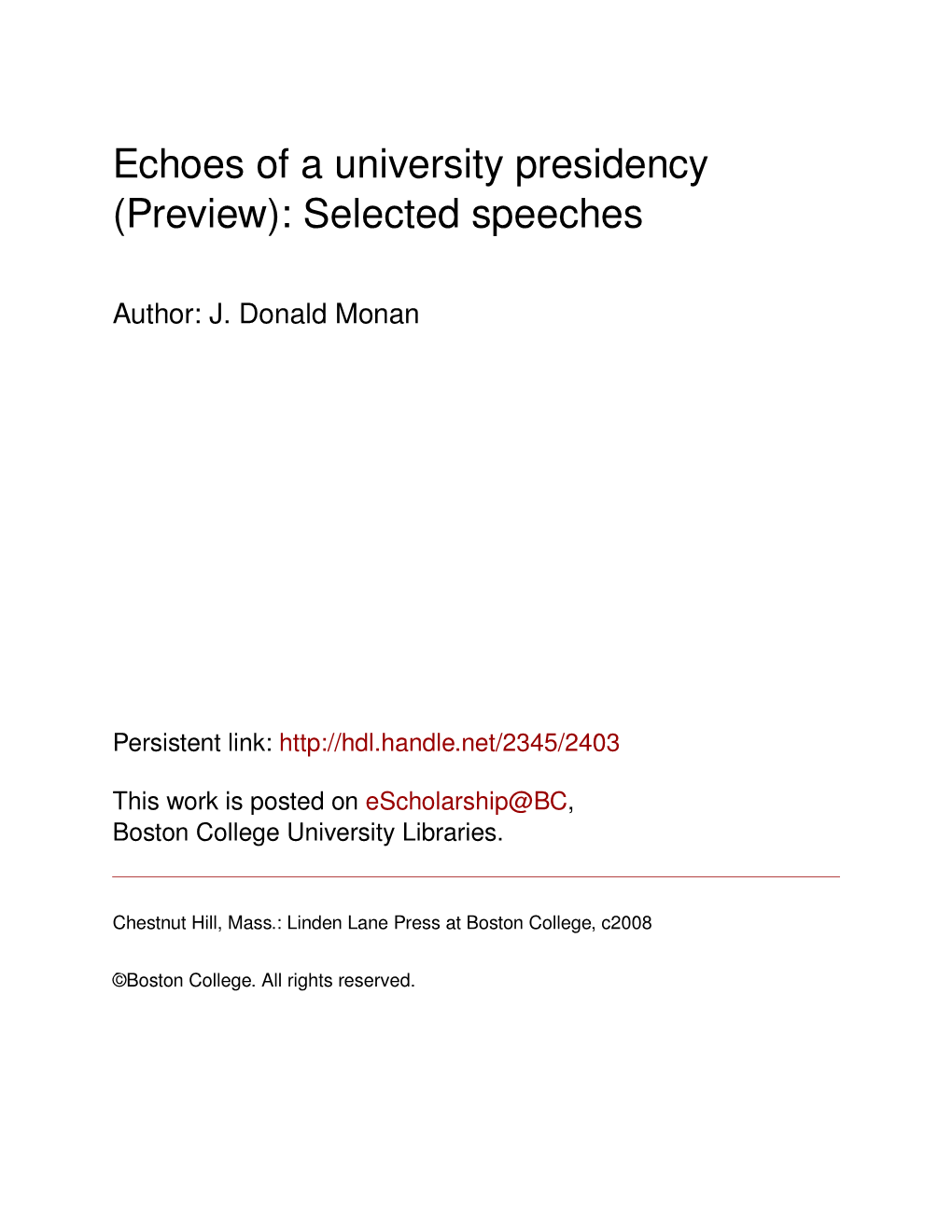 Echoes of a University Presidency (Preview): Selected Speeches