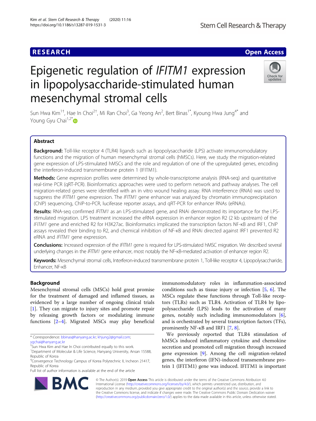 Epigenetic Regulation of IFITM1 Expression in Lipopolysaccharide-Stimulated Human Mesenchymal Stromal Cells