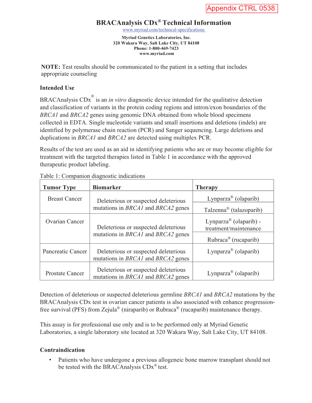 Appendix CTRL 0538 Bracanalysis Cdx® Technical Information