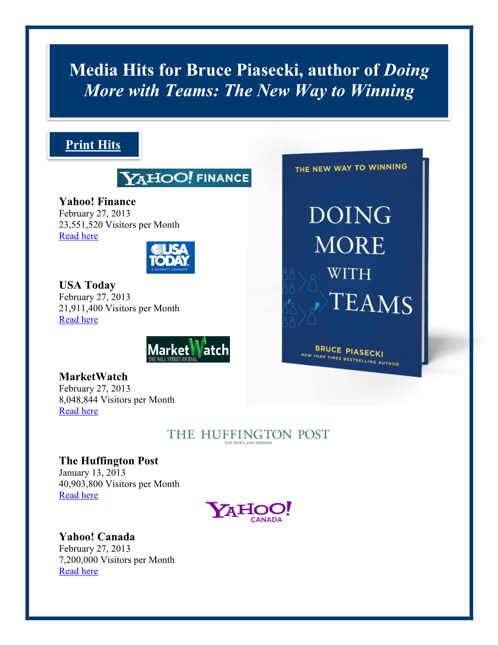 Media Hits for Bruce Piasecki, Author of Doing More with Teams: the New Way to Winning