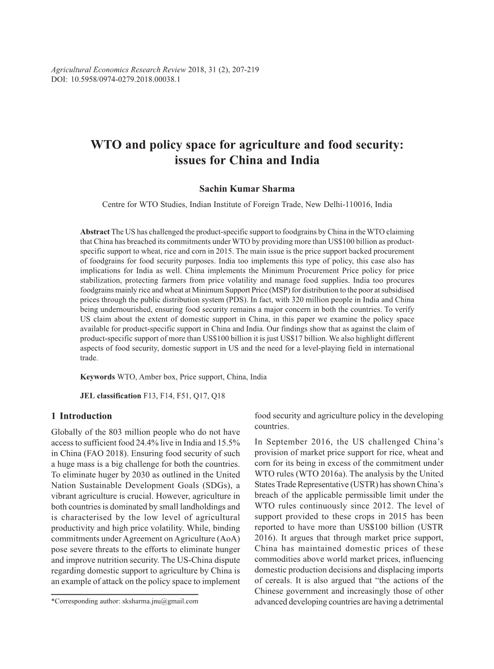 WTO and Policy Space for Agriculture and Food Security: Issues for China and India