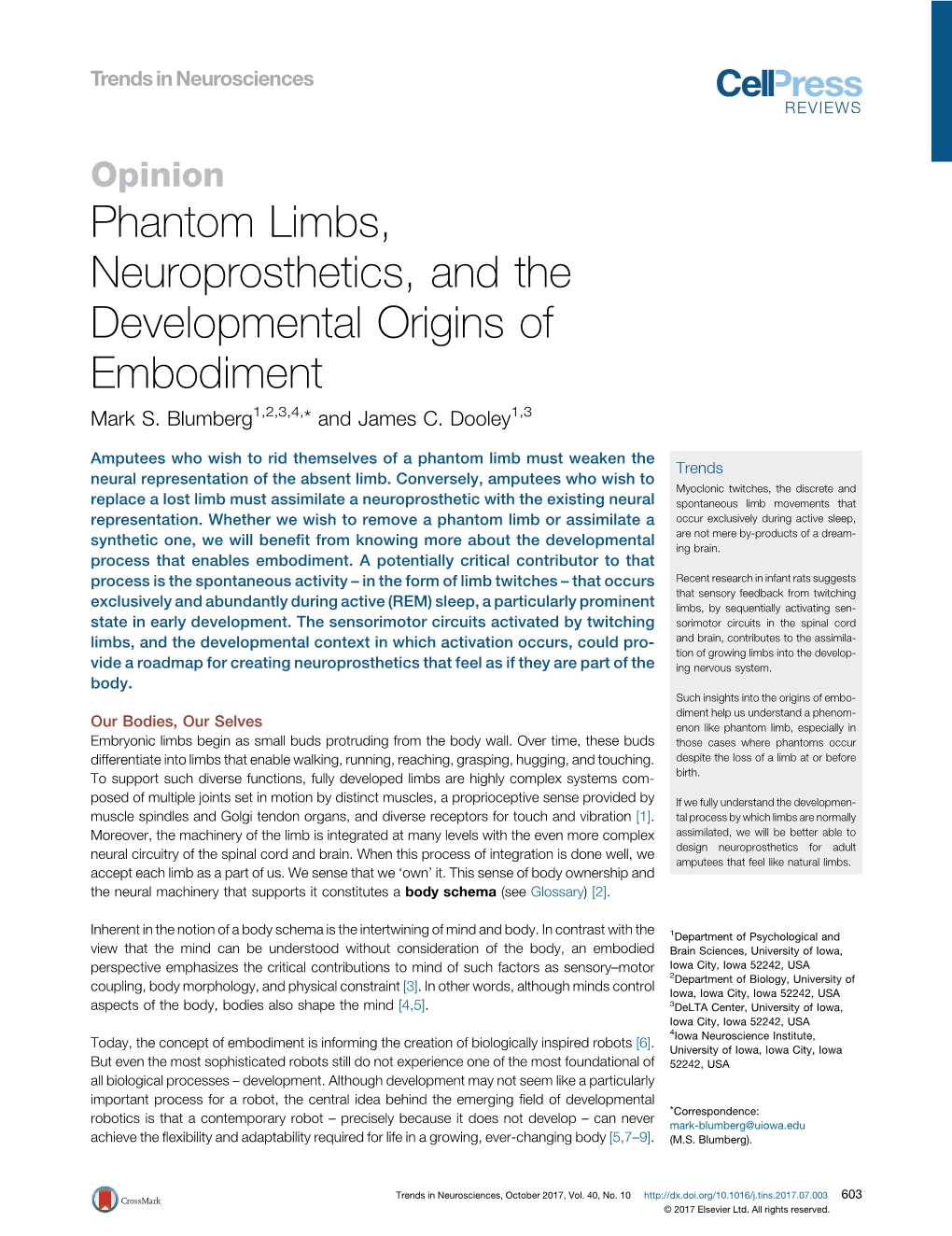 Phantom Limbs, Neuroprosthetics, and the Developmental Origins of Embodiment Mark S