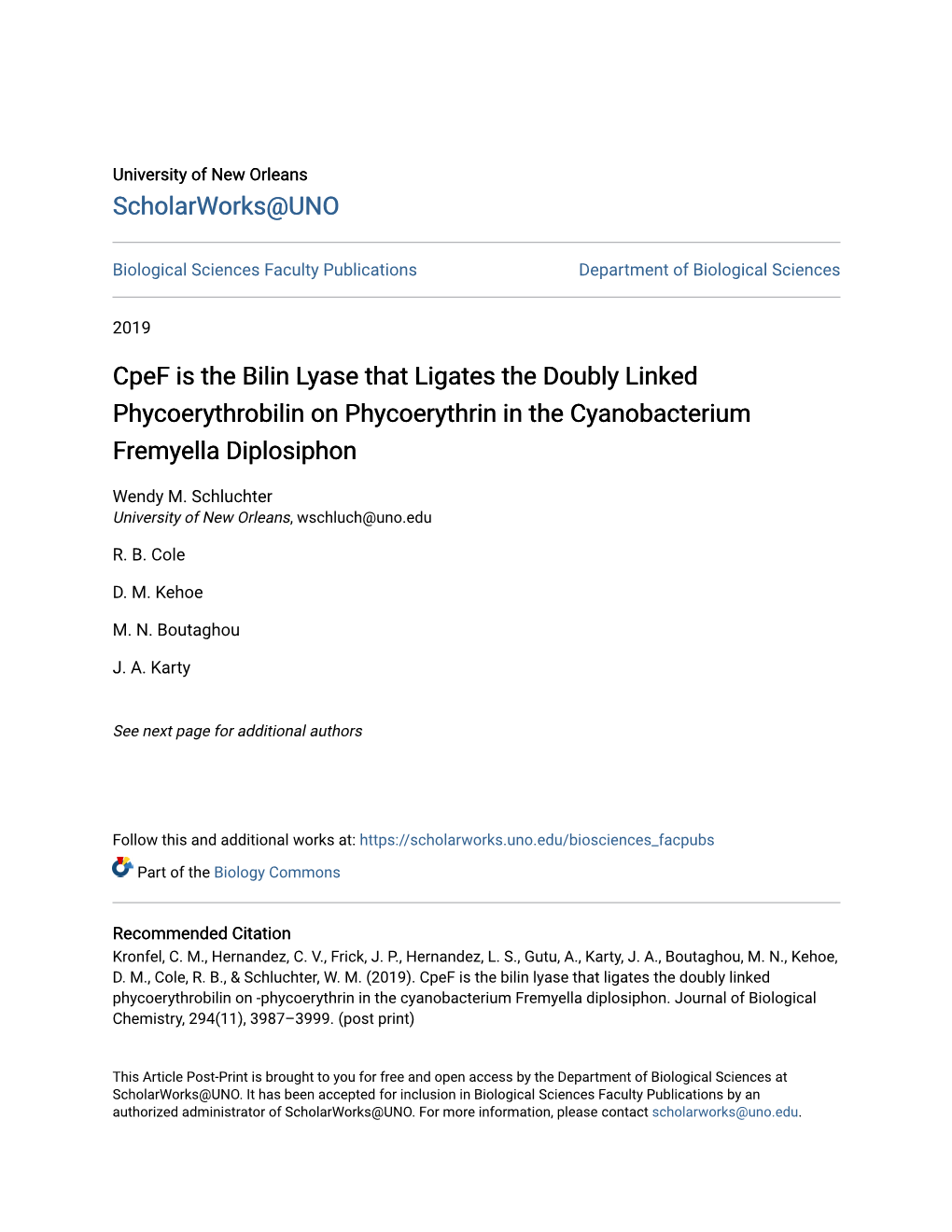 Cpef Is the Bilin Lyase That Ligates the Doubly Linked Phycoerythrobilin on Phycoerythrin in the Cyanobacterium Fremyella Diplosiphon