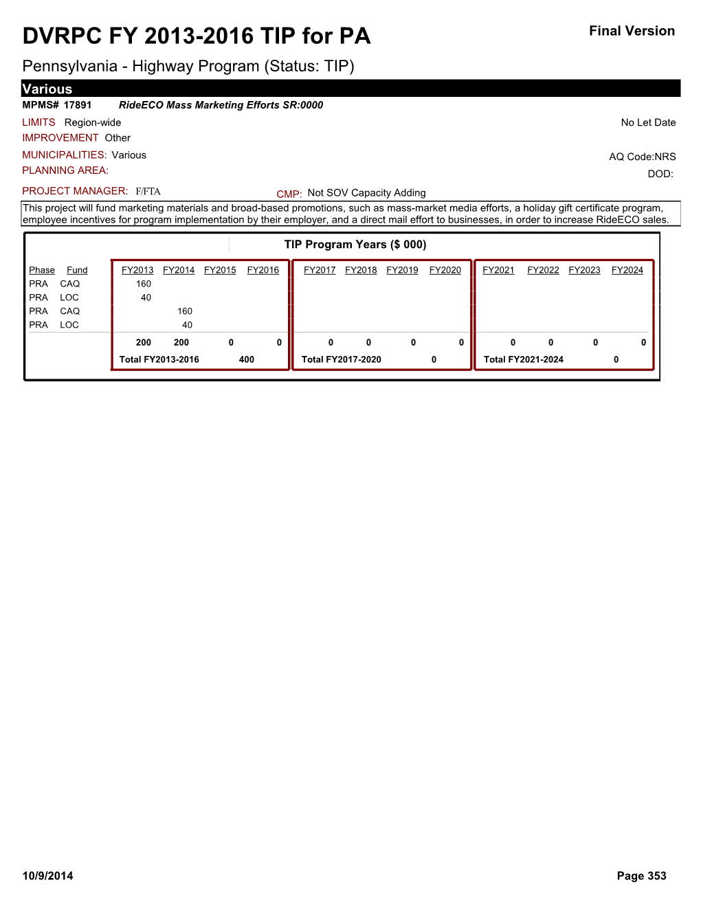 DVRPC FY 2013-2016 TIP for PA